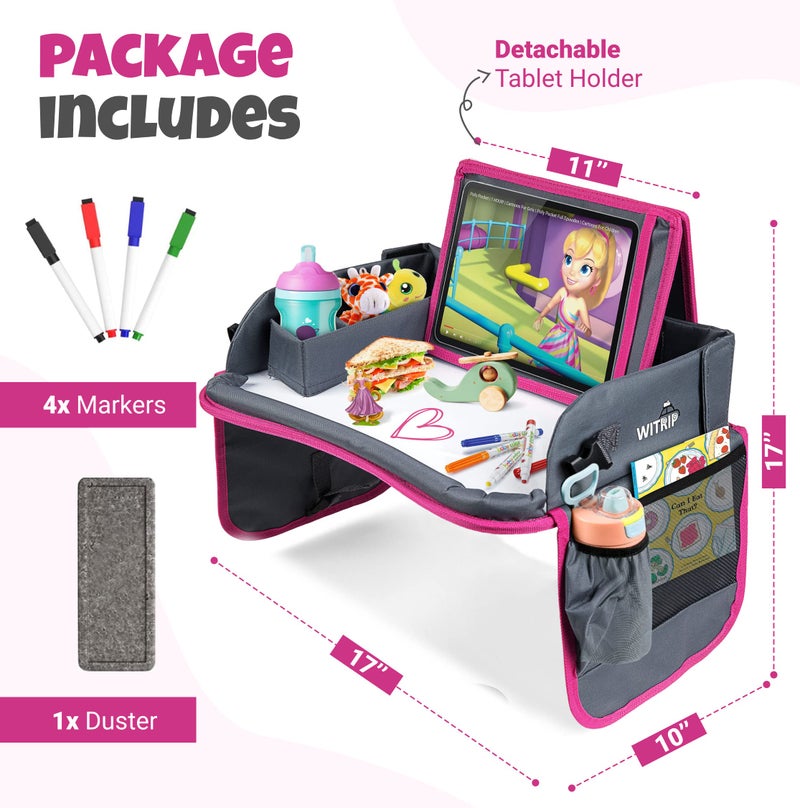 WITRIP Kids Travel Tray with Dry Erase Board - Car Seat Tray for Kids Travel, Carseat Table Top for Toddler, Lap Desk for Car Seat, Activity Organizer & Snack Holder, Road Trip Essentials for Kid (Pink) - Image 2